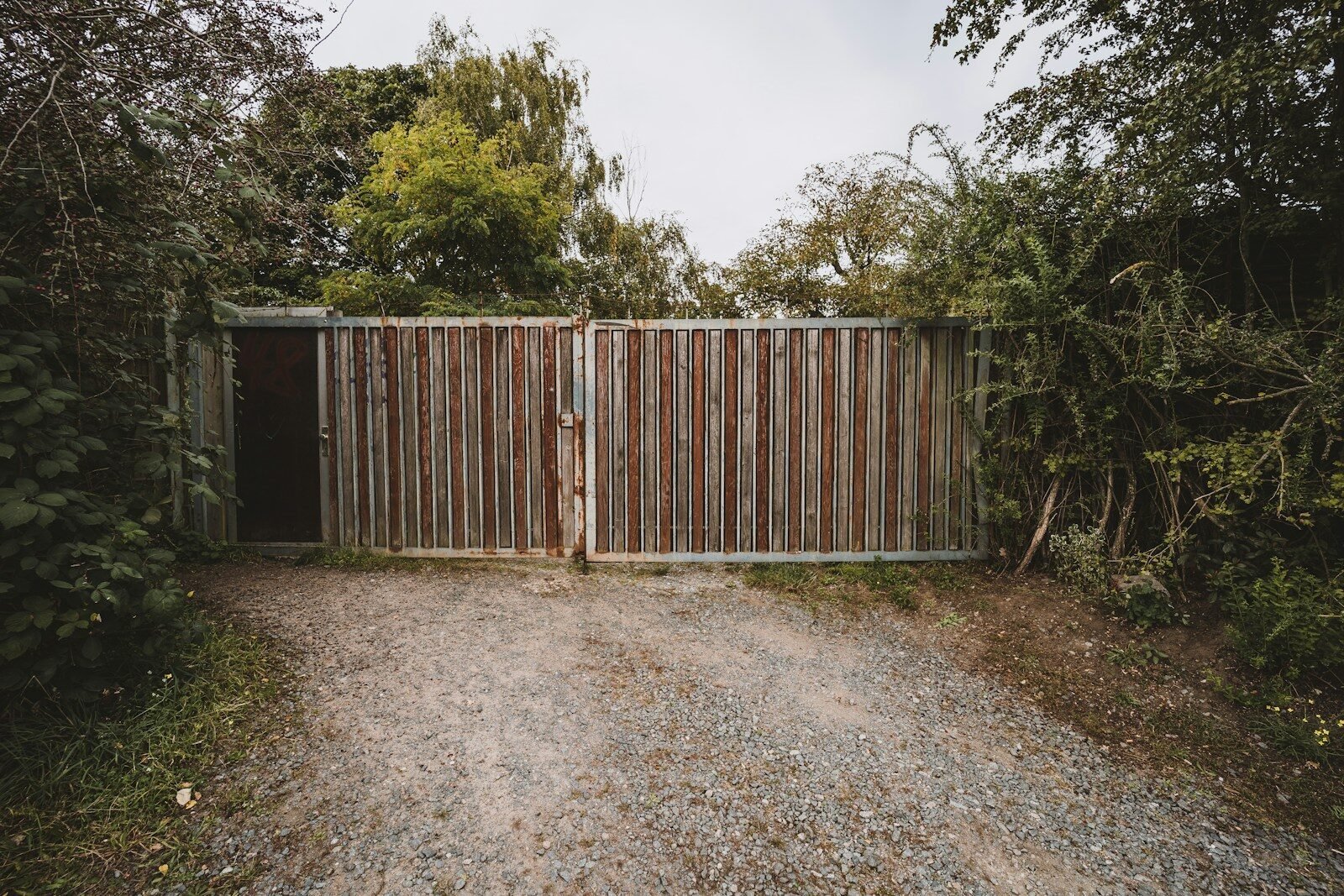 Gated driveway entrance with trees